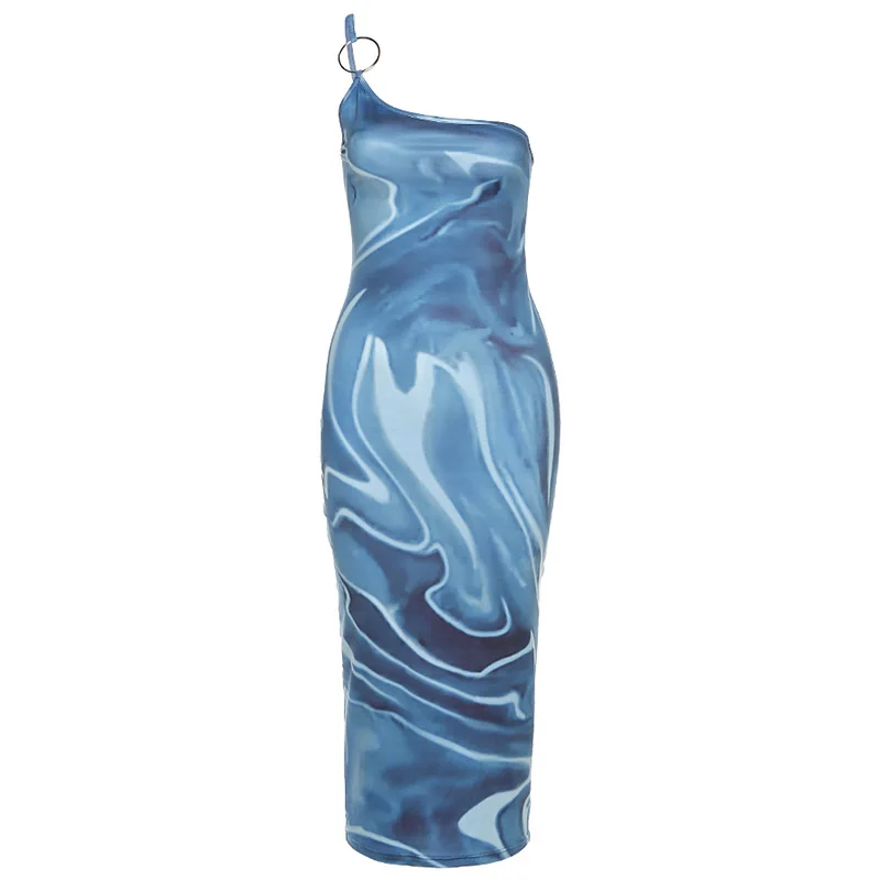 

2021 Summer New Fashion Women's Sling Sling Neck Sexy Low-Cut Slim Printed and Dyeing Dress Women