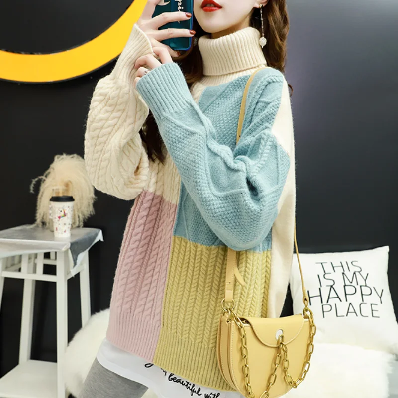 

Women New Sweet Turtleneck Long Sleeve Knit Sweters Coat Female Korea Hit Color Warm Queen Pullovers Plus Size
