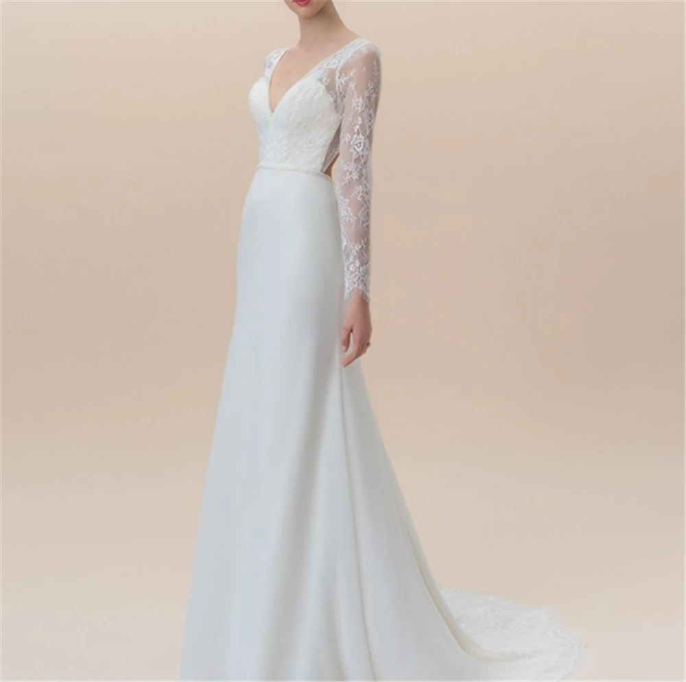 

Exquisite White Long Sleeves Chiffon Full-Length Backless Lace-Up Wedding Dresses Dropped Mermaid Vestidos De Fiesta