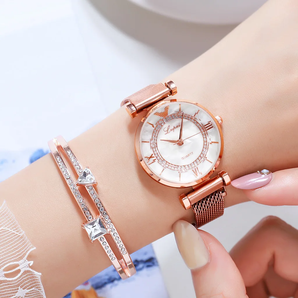 

Montre-Bracelet en acier cristal pour femmes, montre à quartz, avec diamant, à la mode, top marque