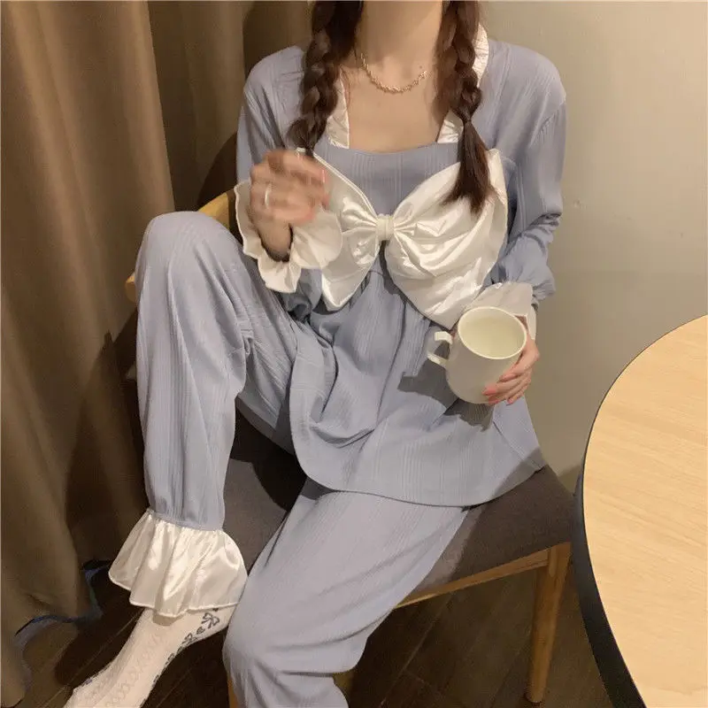 QWEEK Pajamas for Women Solid Color Square Collar Bow Pijamas Flared Sleeves Pyjamas Sleepwear Spring Autumn Home Clothes Cute