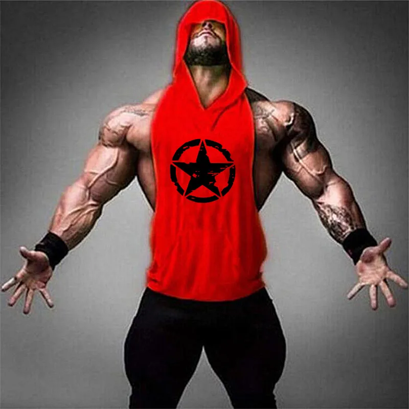 

Summer muscle man gym sports sleeveless hooded vest fitness running clothes loose training jacket cotton