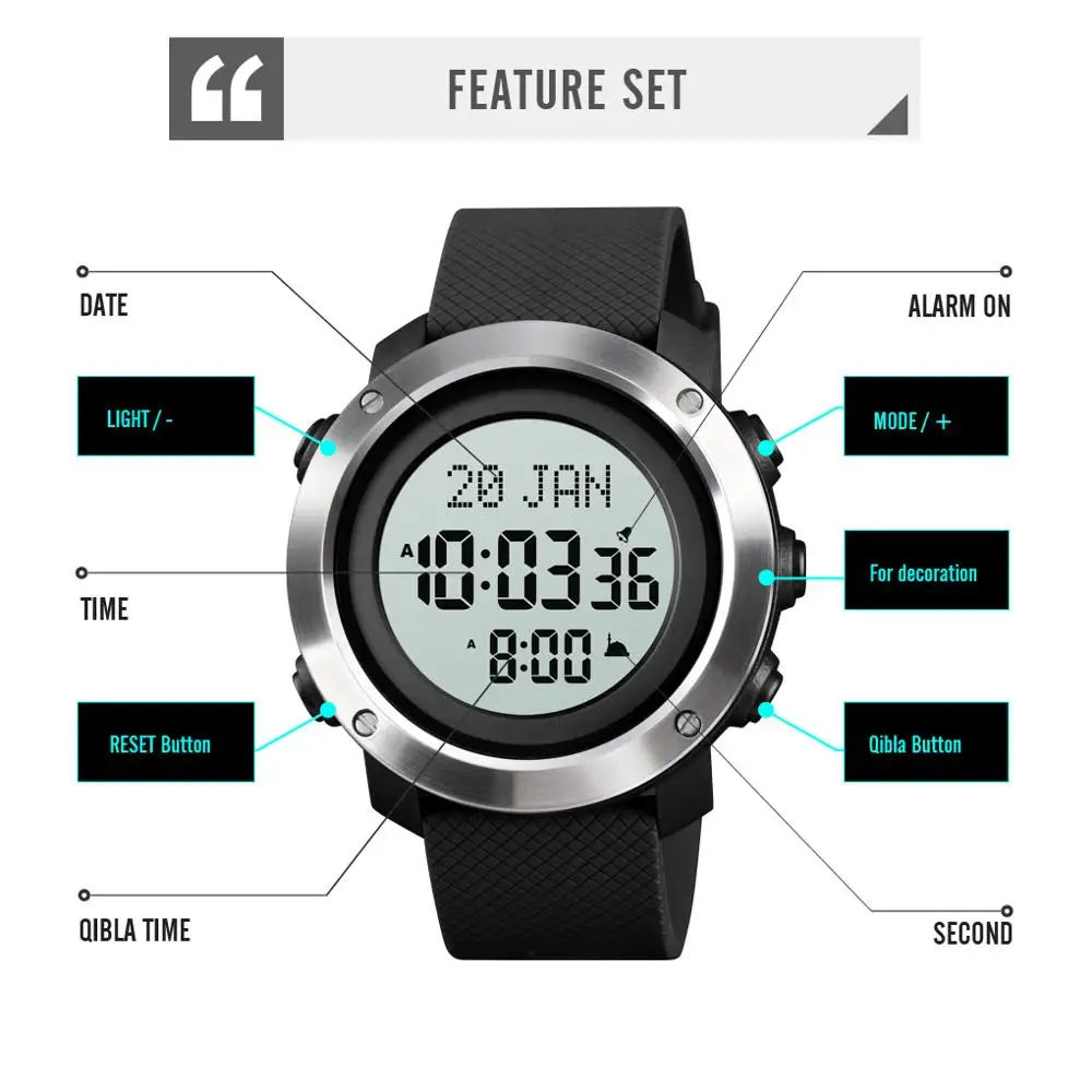 

SKMEI digital men Watches Muslim Azan Prayer Qibla Wristwatch Compass Alarm Hijri Calendar Chrono Islamic Clock Japan movement