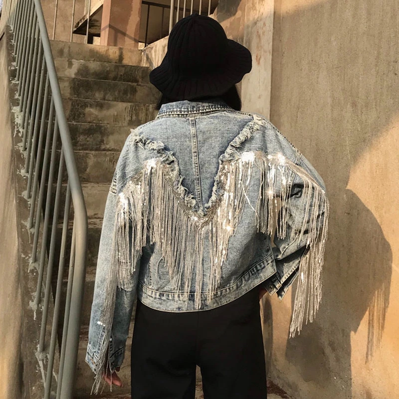 Куртка женская джинсовая с бахромой и блестками свободная короткая куртка в