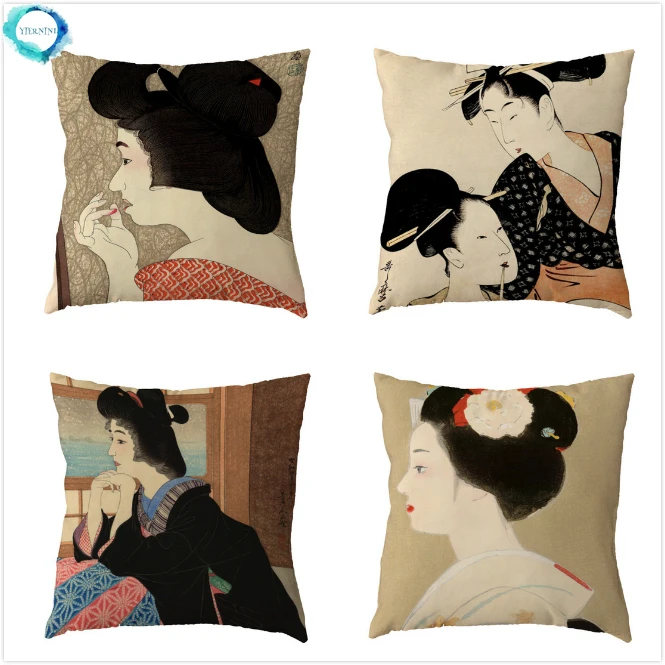 Наволочка для подушки в японском стиле с рисунком старинной женщины