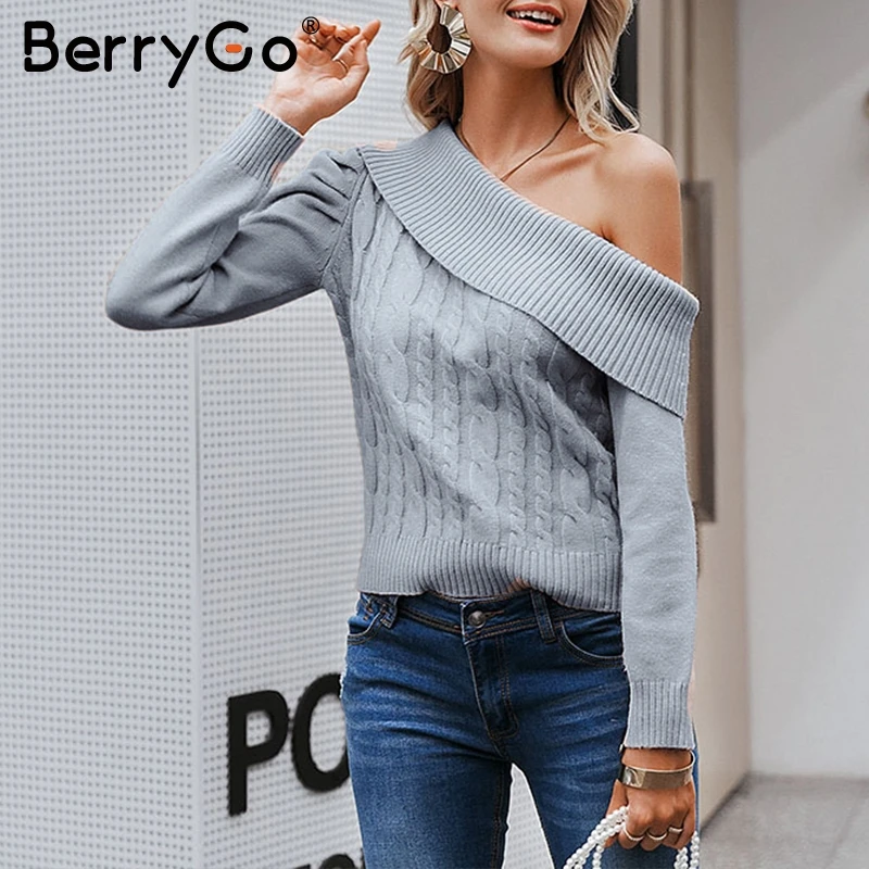 BerryGo Sexy one shoulder knitted sweater women Vintage puff sleeve pullovers female jumper Warm ladies autumn winter minimalist | Женская
