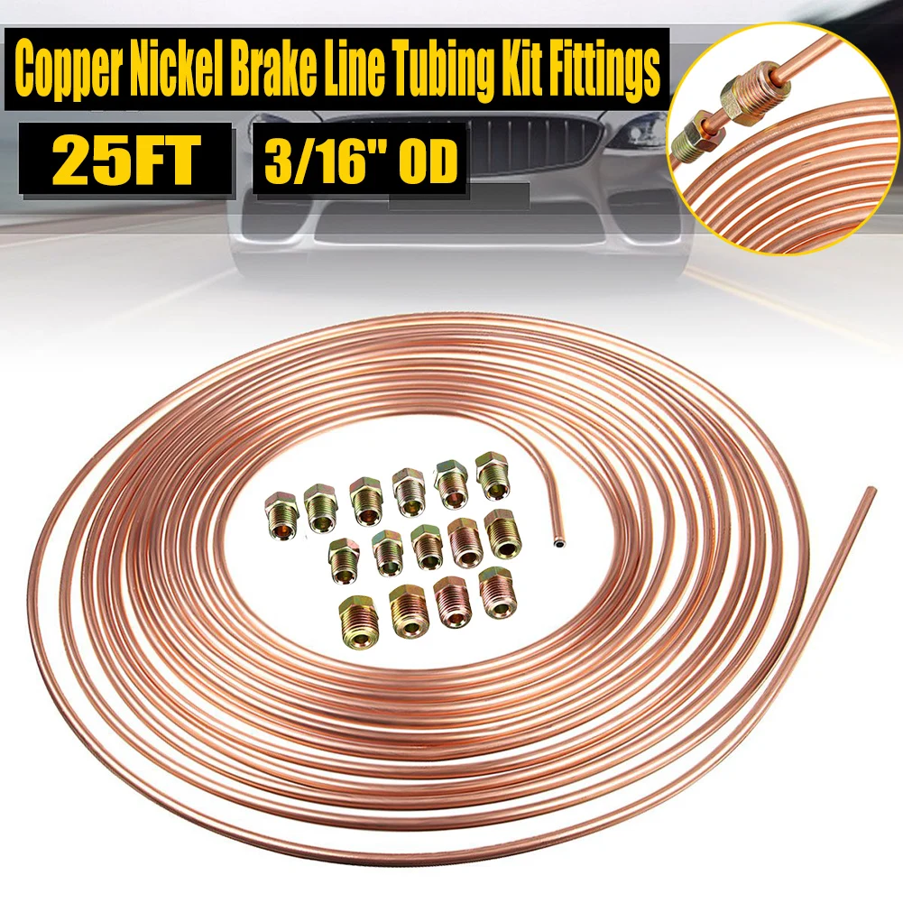 

25 Ft Copper Nickel 3/16'' OD Roll Coil Brake Line Tubing Kit 15x Fittings High Quality Brake Line