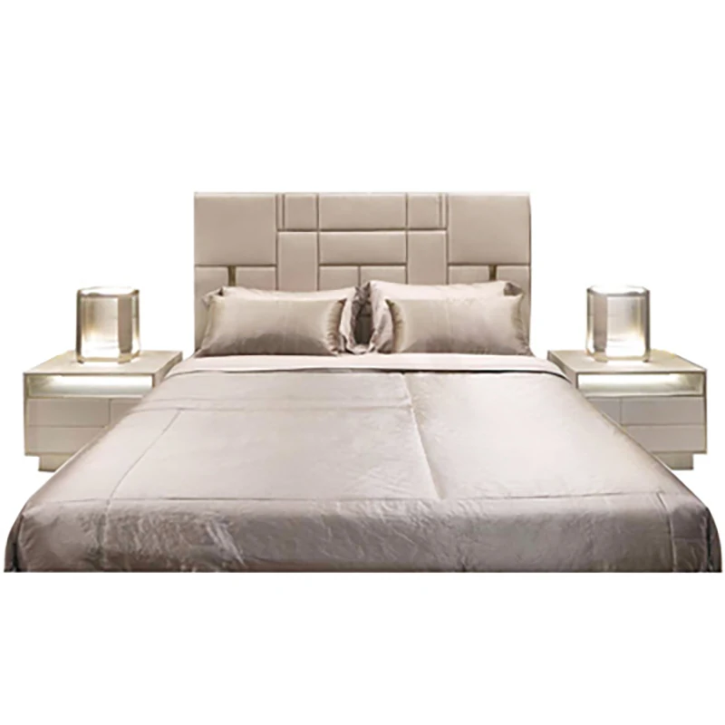 

Light luxury ins net red double Hong Kong style cowhide bed high back Italian Nordic master bedroom leather bed Postmodern
