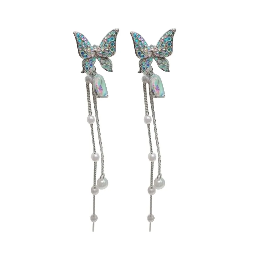 

Long Earrings Women Bow Tassel Earings Front and Back Crystal Bow Tassel Earrings Female Long Temperament Butterfly Earrings
