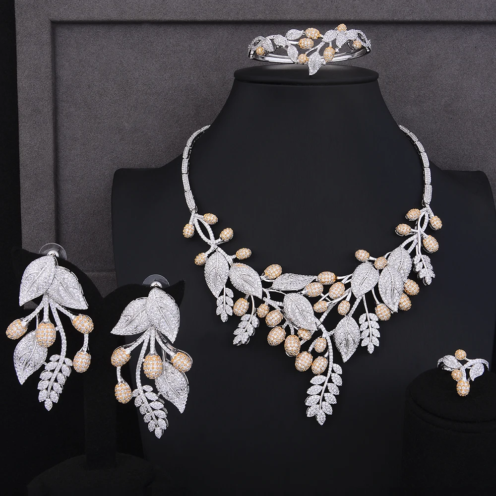 

LARRAURI 2019 Luxury Exaggerated Leaf Flower Cubic Zirconia Nigerian Jewelry sets For Women Wedding Indian Bridal Jewelry Sets