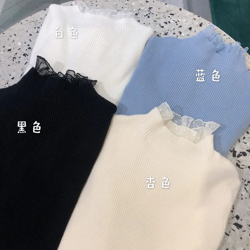 

Knitted Sweaters for Women Clothing Korean Slim Solid Ladies Tops Turtleneck Long Sleeve Patchwork Mesh Pullovers Autumn Winter
