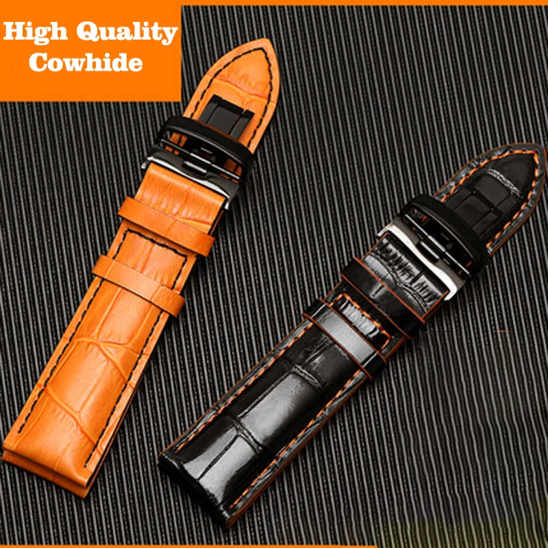 

Genuine Leather Watch Strap Black Orange Thread Butterfly Button Replacement Belt for Mido M005 Strap Men 22mm 23mm Watch Band