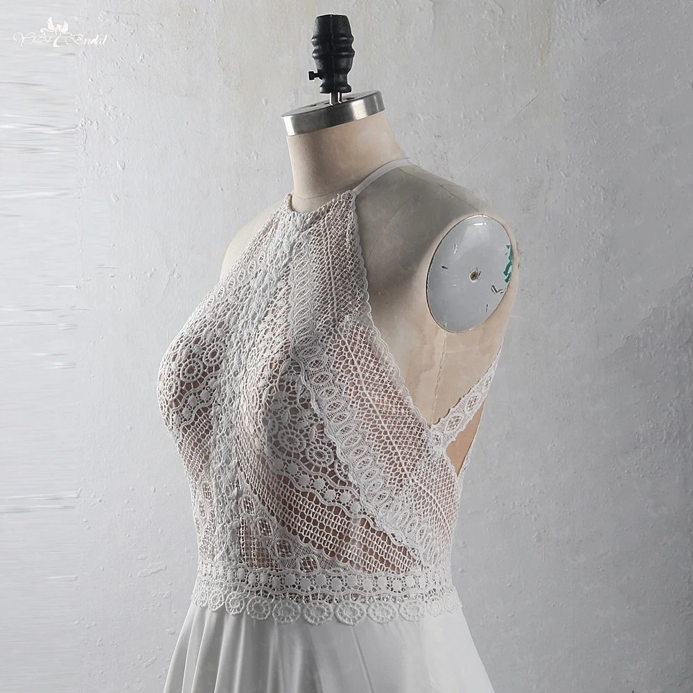 

Robe De Soiree Bohemian Wedding Dress New Lace Chiffon Bride Dresses Pearls Button A-Line Vestido De Noiva Floor Length Gowns