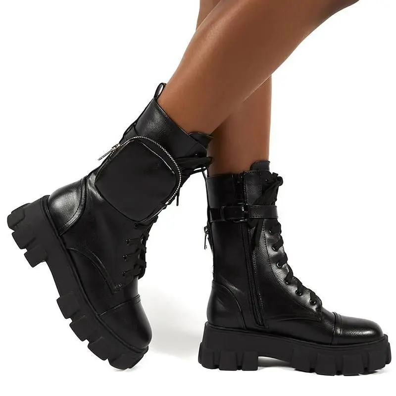 

2021 New Autumn Women's Shoes Fashion Lace-up Thick-soled Buckle Buckle Side Zipper Lace-up Personalized Bag Martin Boots 6KF350