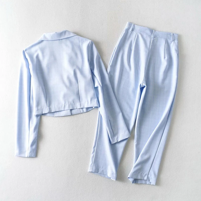 Plaid Blazer Set 2 piece set Single-breasted Short Jacket and high waist Ninth pants women's costumes Women Suits Female Sets |
