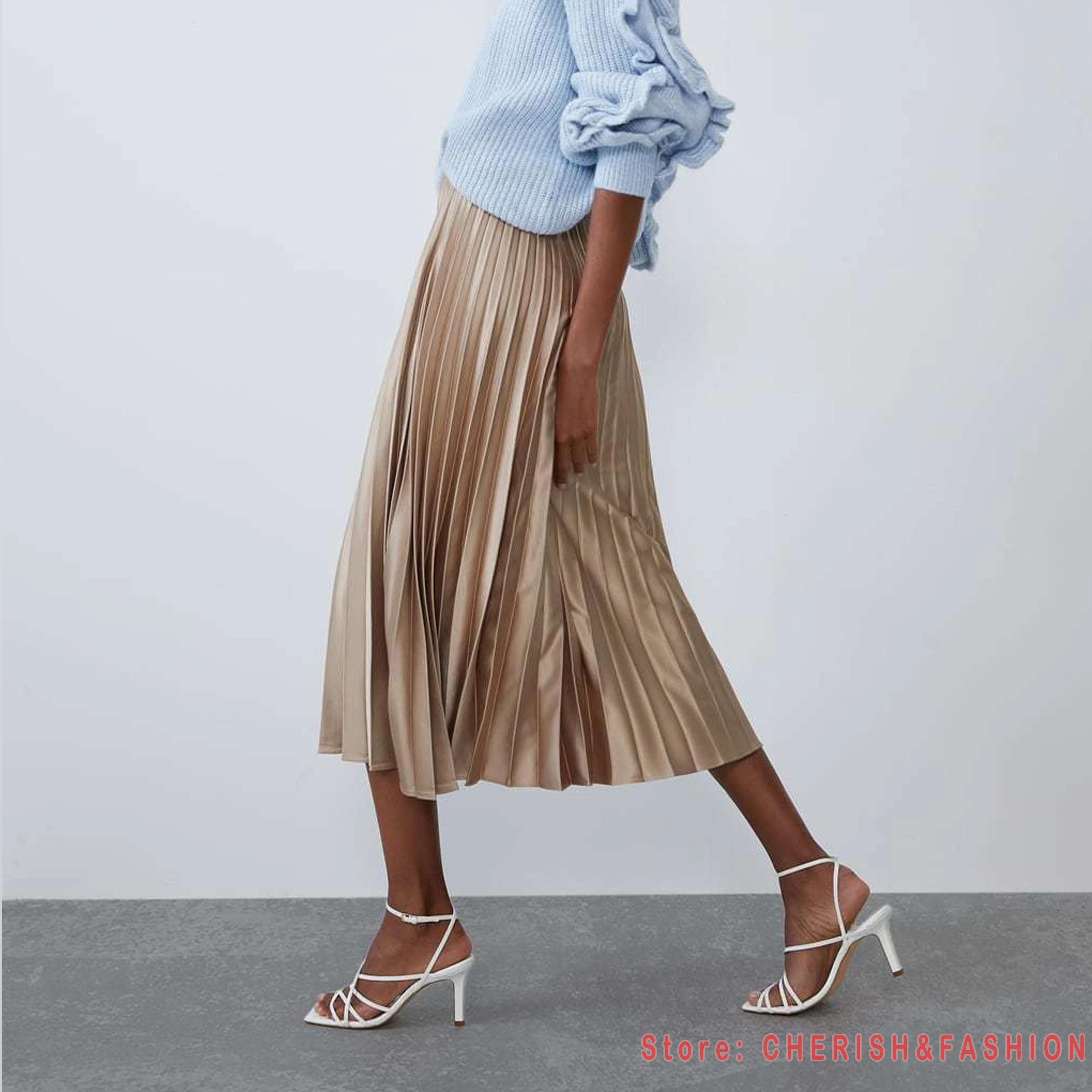 Весна осень модные женские Высокая талия плиссированные сплошной цвет Половина