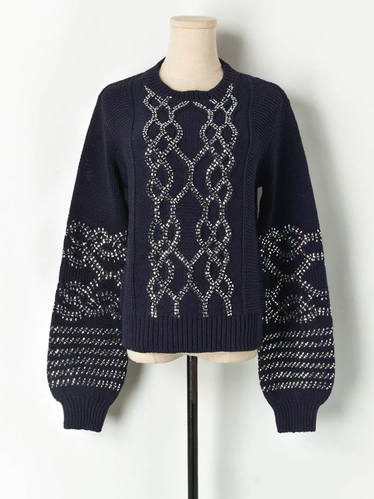 

Роскошный брендовый дизайнерский вязаный свитер для женщин, Свободный вязаный пуловер с круглым вырезом и рукавами-фонариками со стразами