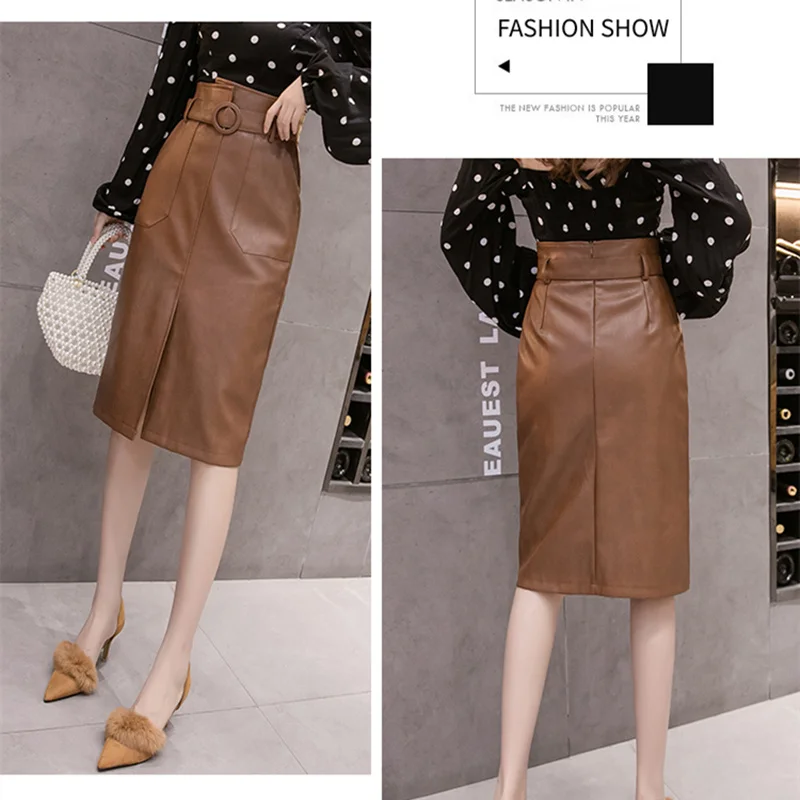 REALEFT осенне-зимние женские облегающие миди юбки из искусственной кожи с поясом до