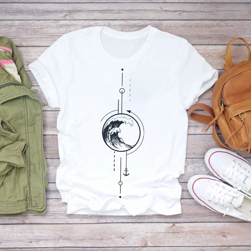 

Aesthetic Yuansu fashion art style Wave Beach Pirnt Clothes T-shirts Top Womens T Shirt Ladies Graphic Female Short Sleeve Tee