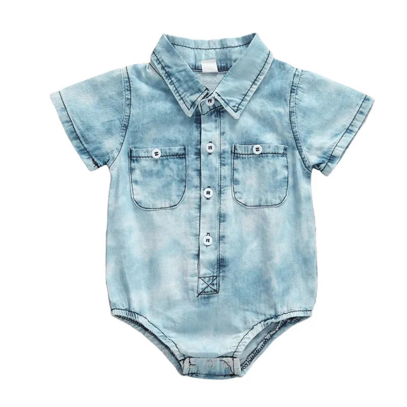 

0-12M Infant Baby Boys Denim Rompers Turn Down Collar Short Sleeve Pocket Toddler Jumpsuits Outfits Summer