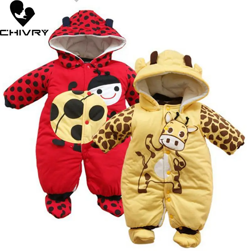 

New 2020 Baby Boys Girls Winter Rompers Long Sleeve Hooded Button Cute Cartoon Cow Jumpsuit Newborn Playsuit Infant Clothing