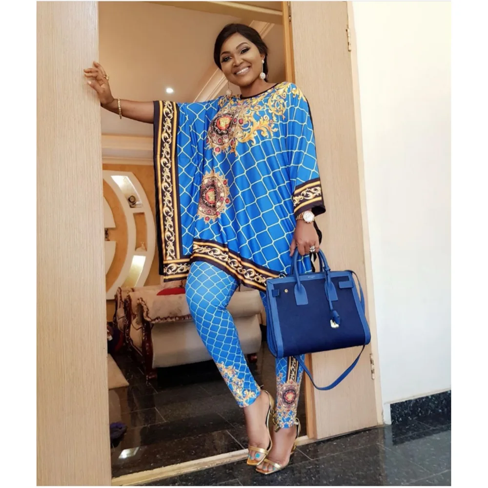 2020 New African Print Elastic Bazin Baggy Pants Rock Style Dashiki Sleeve Famous Suit Tops and Pant for Women White Blue | Тематическая