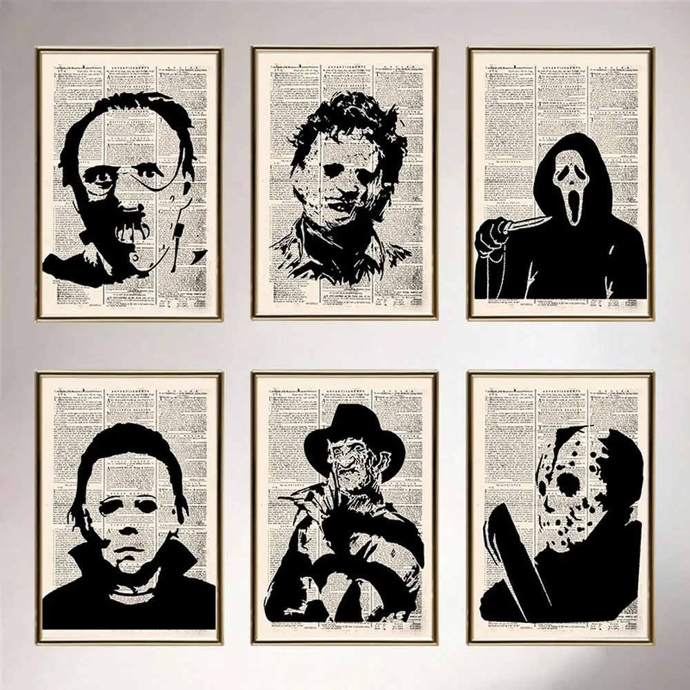 

Retro Old Paper Horror Movie Character Poster Michael Myers Freddy Jason Canvas Painting Home Wall Art Decorative Pictures