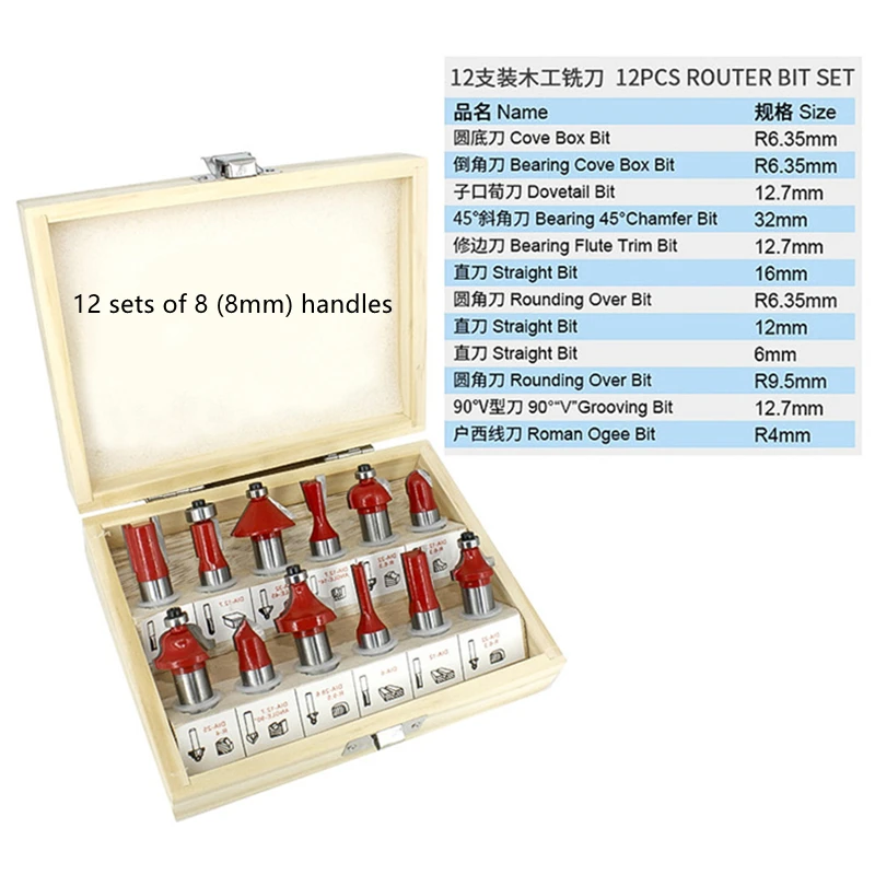 

High Quality 12pcs 8mm Router Bit Set Milling Cutter Wood Bits Carbide Cutting Woodworking Trimming Engraving Dill Bit Ѭез по