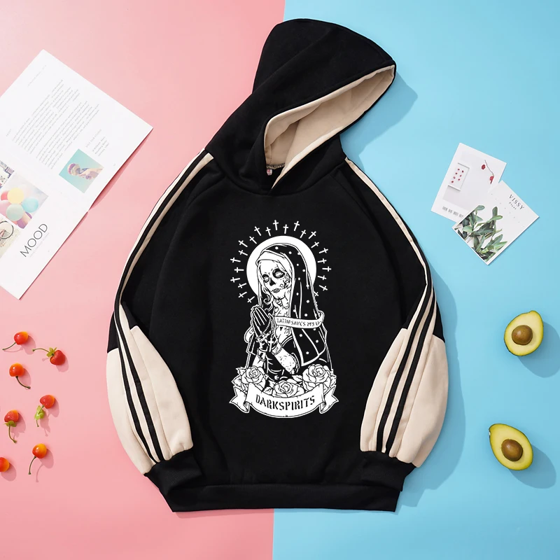 

Kawaii Пуловеры Женские толстовки Пары Флис Заклинания Цвет Пэчворк Свободные Crative Девы Марии Скелет с принтом Harajuku y2k Толстовка с капюшоном