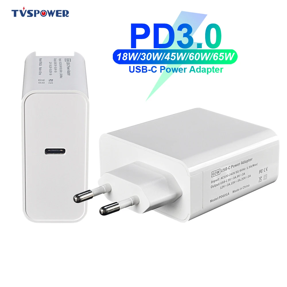 Адаптер питания USB C PD/QC3.0 65 Вт/60 Вт/45 Вт/30 Вт/18 Вт TYPE-C настенное зарядное устройство