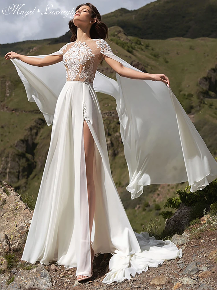 

Luxury A-Line Chiffon Wedding Dresses 3D Three-Dimensional Applique Backless Gowns V-Neck Floating Sleeves Sexy High Split