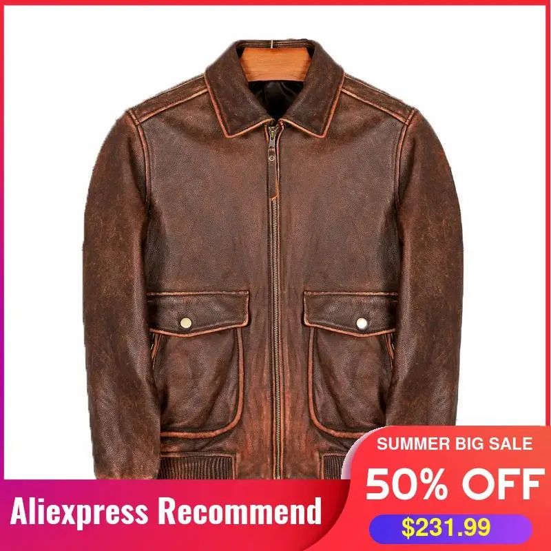 Мужская винтажная кожаная куртка коричневая авиационная в стиле милитари с