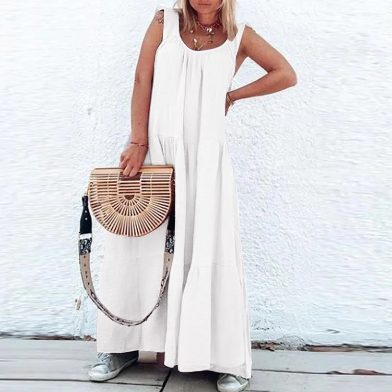 

Women Sexy Ruffle Boho Long Dress 2021 Spring Summer Sleeveless Beach Party Dress Solid Vintage V Neck Loose Maxi Dress Vestidos
