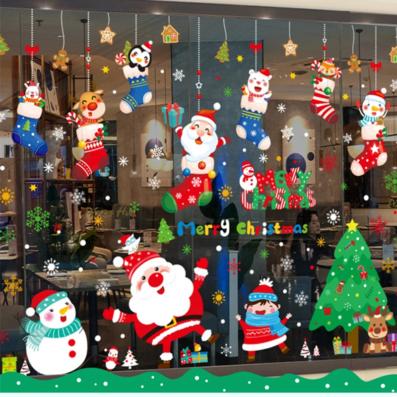 

[shijuekongjian] Christmas Window Stickers DIY Santa Claus Snowman Socks Wall Decals for Living Room Festival Home Decoration