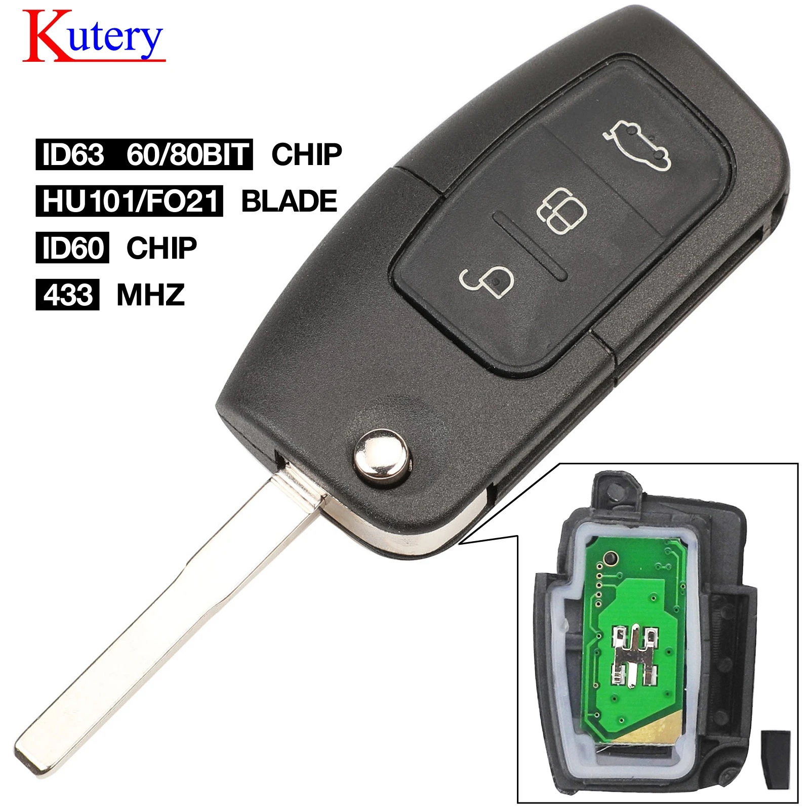 Kutery 433 МГц 4D63 40bit 80bit 3 кнопки раскладной ключ с дистанционным управлением для Ford