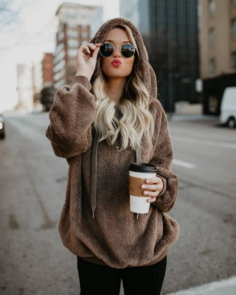 

Zoulv Autumn and Winter Women's Jacket Fashion Casual All-match Solid Color Sweater Hoodie Elegant Loose Warm Hooded Rope Hoodie