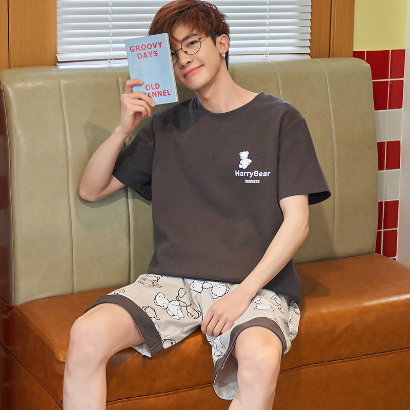 

Sleepwear Male Homewear Summer Men Pajamas Sets Simple Cotton Short Sleeve Nightwear Oversized Loose Cartoon Shorts Home Suit