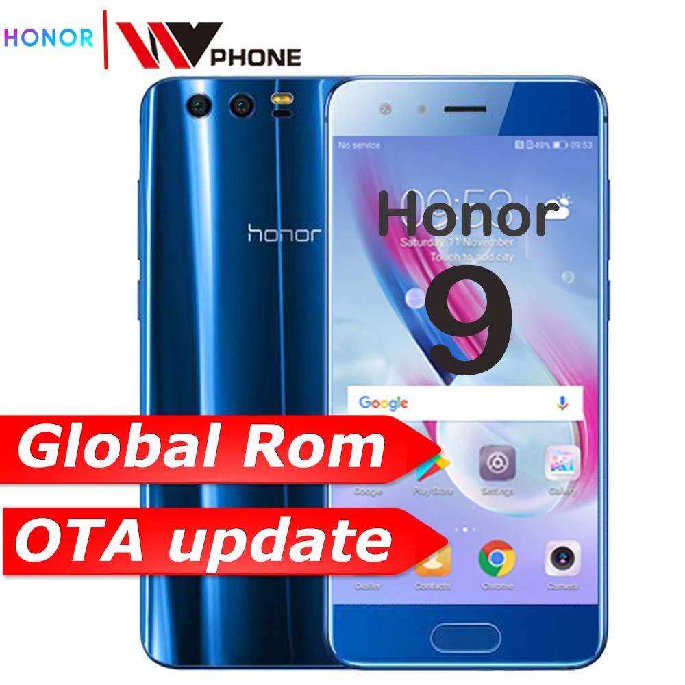 Honor 9, 4G Ram, 64G Rom, глобальная прошивка, 4G LTE, мобильный телефон, двойной, задний, Восьмиядерный, 5,15 дюймов, 1920*1080 P, отпечаток пальца, NFC
