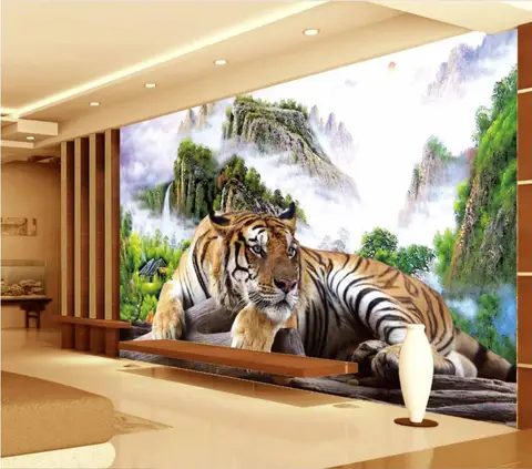 обои с тигром на стену в интерьере