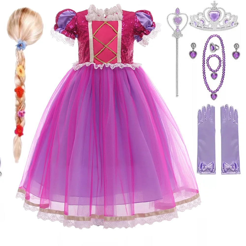 

Long Hair Princess Rapunzela Christmas Halloween Tangled Costume Kids Birthday Lace Sequins Girls Sofiaa Dress Up