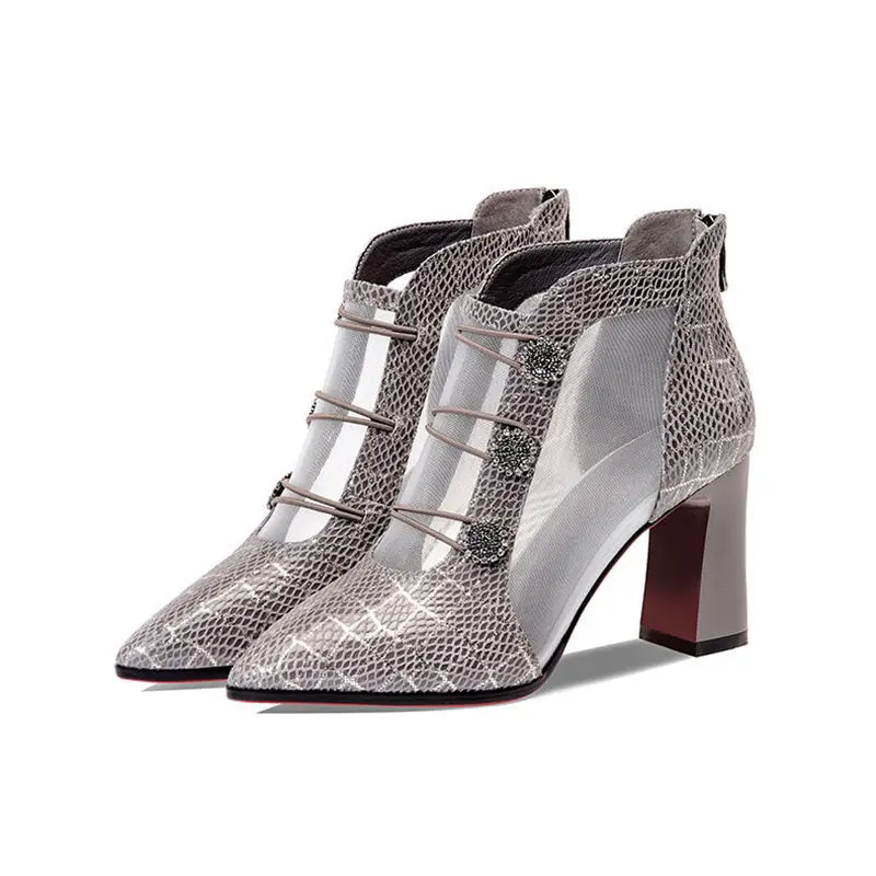 

SONDR Mesh Boots Women's Shoes Ankle Sandals Boots 2021 Summer Square MID Heel Back Zip Soft LEATHER Female Footwear