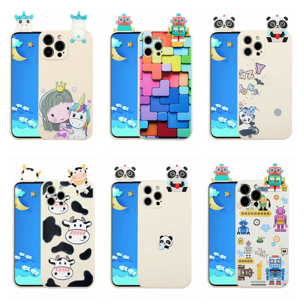 

3D Silicone Case on for iPhone 13 12 11 Pro Max Mini 6 6S 7 8 Plus SE X XS XR Cases Cute Panda Unicorn Robot i Phone Back Cover