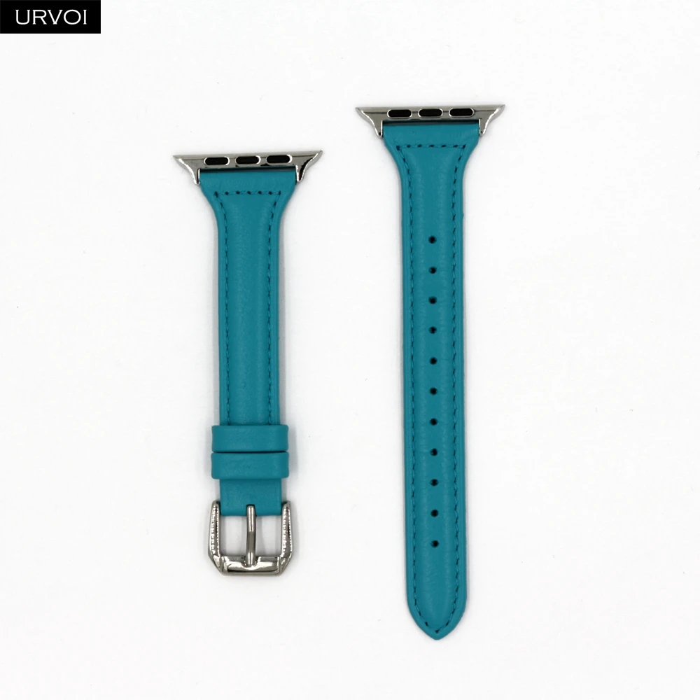 Peacock blue URVOI тонкий ремешок для наручных часов Apple Watch, версии 5/4 3/2/1 пояса из натуральной кожи swift кожаный ремешок для наручных часов iWatch, наручные часы Современный для маленьких девочек с рисунком в стиле ремень - Цвет ремешка: Peacock blue