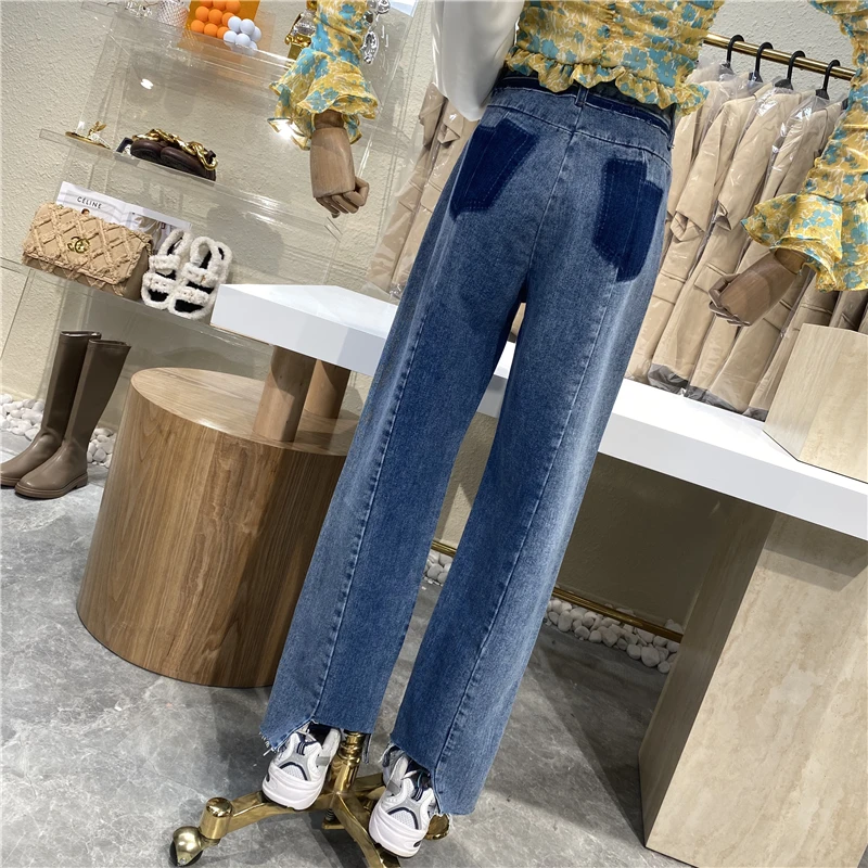 

Brand Original Design 2021 New Design Feeling Irregular Line Jeans Pocket Patching Loose Blue High Waist Straight Pants