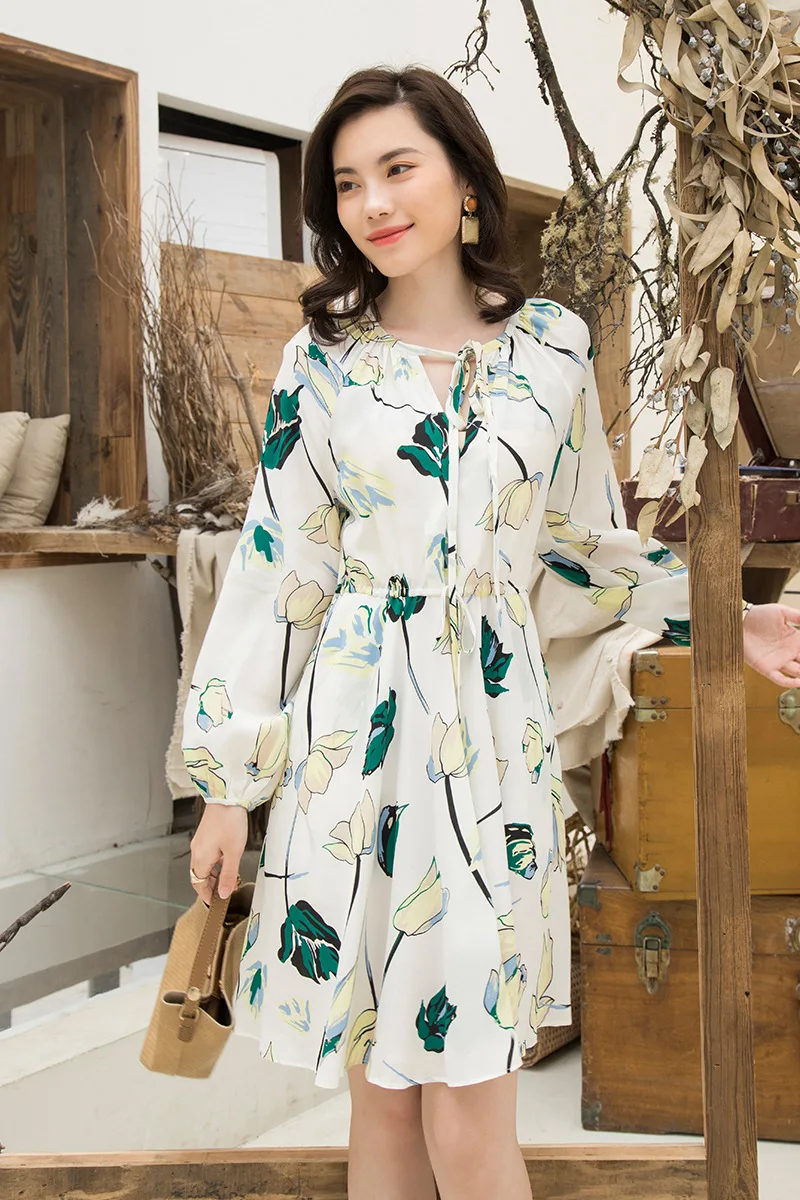

Spring And Summer Slim Temperament Korean Style Printed New Wrap Skirt Chiffon Round Neck Lace-up Beach Dress For Women