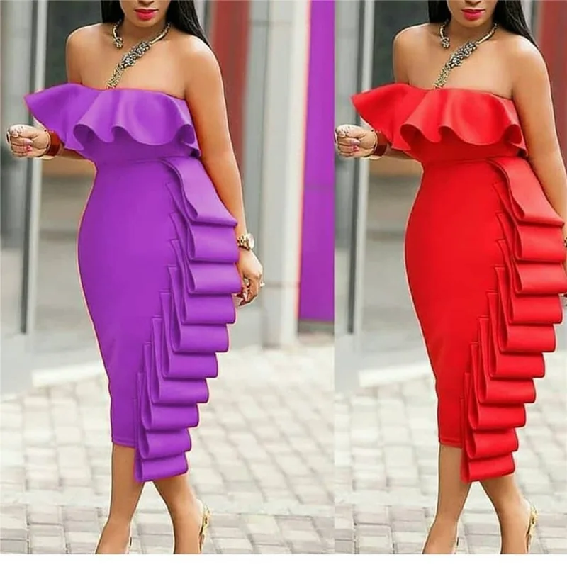 

Purple Red Cocktail Dresses Tiered Sexy Sheath Rufflus Plus Size semi formal dress With Stretch Real In Stock ESAN256