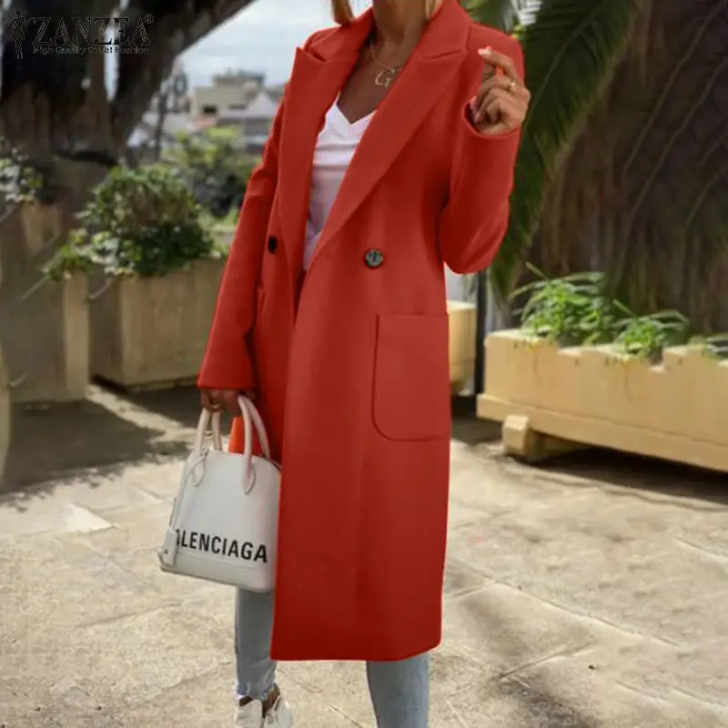 

Fashion Wool Blend Coats Women's Jackets ZANZEA 2021 Casual Long Sleeve Outwears Female Double Breasted Overcoats Oversized