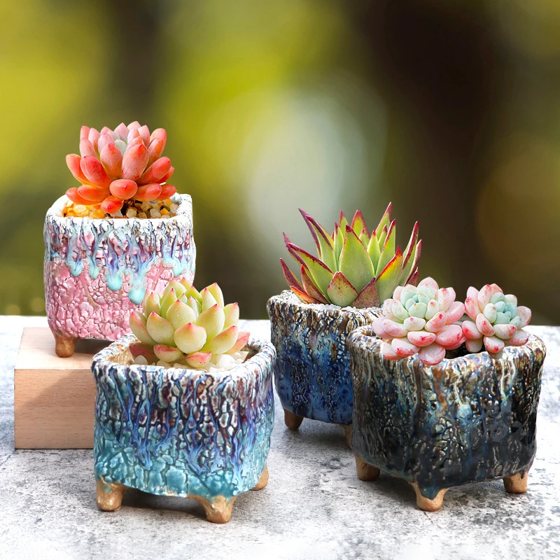 

Korean Ins Hand Pinch Glaze Ceramic Square Flower Pot Simple Succulents Green Plant Bonsai Handicraft Home Creative Gardening