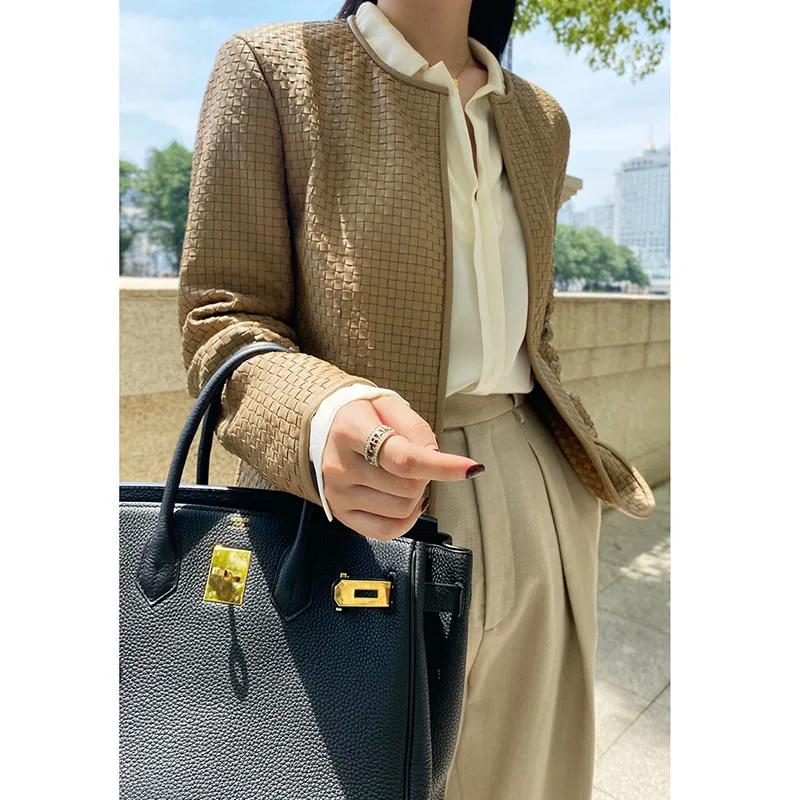 Autumn/winter 2021 new fashionable BV natural sheepskin cpats woven dress women round-neck cardigan plaid genuine leather jacket