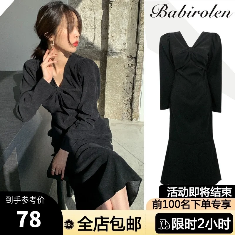 

Новинка 2021 Ранняя весна в корейском ретро-стиле доступный роскошный дизайн внутреннее черное бархатное французское платье выше колена рыб...